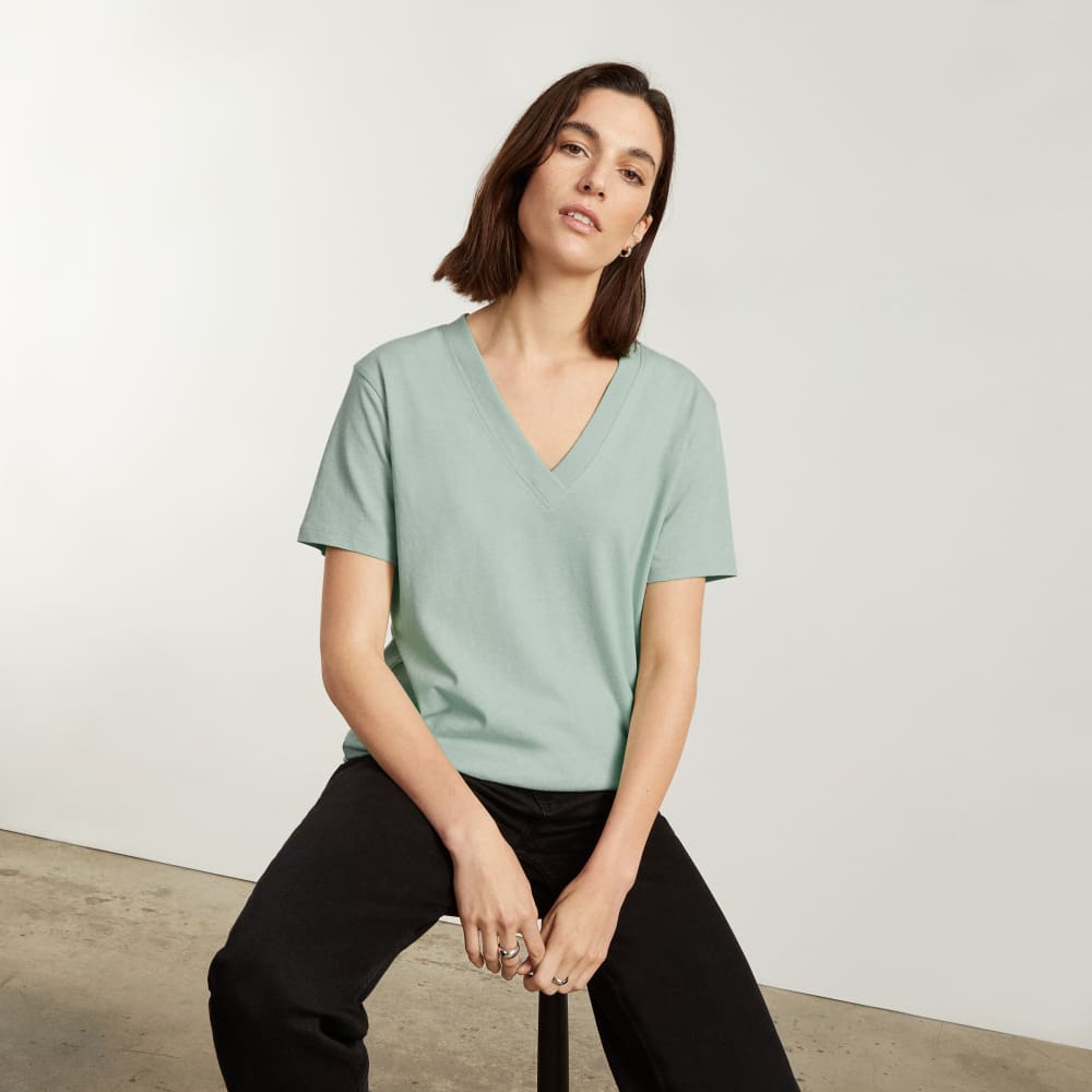 The Vintage V-Neck Hemp Tee in White Sage — detail view