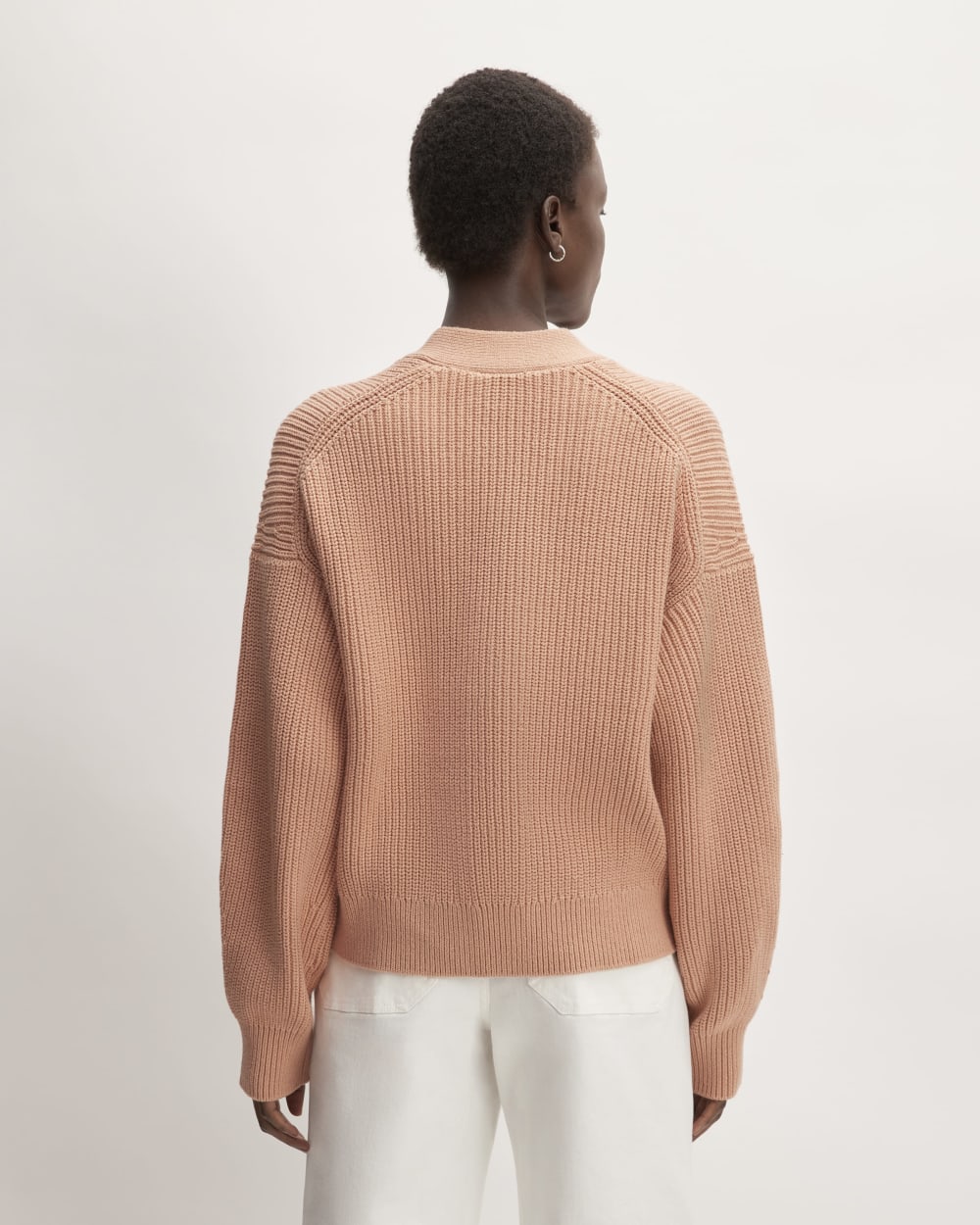 The Boxy Cardigan in Everyday Cotton in Blush Pink — detail view