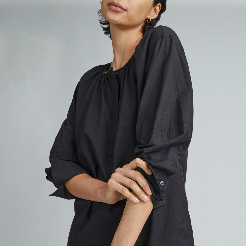 The Silky Cotton Balloon Sleeve Top in Black — detail view