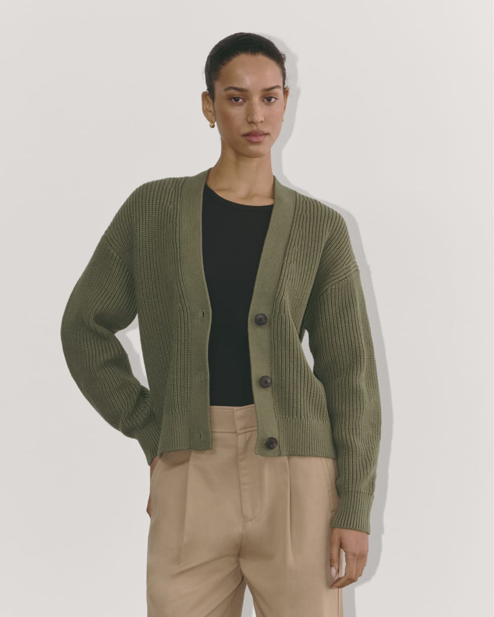 The Boxy Cardigan in Everyday Cotton in Kalamata — front view
