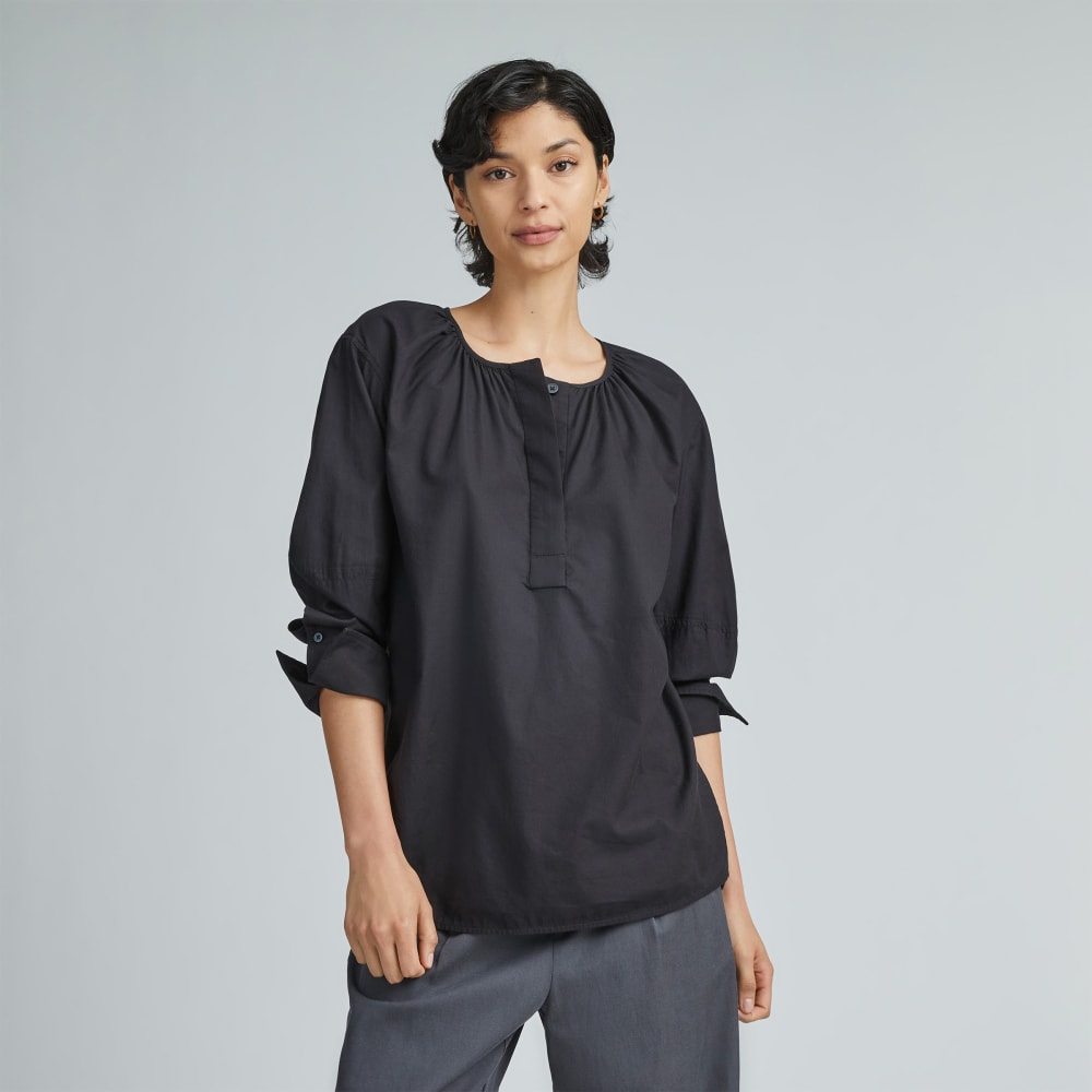 The Silky Cotton Balloon Sleeve Top in Black — front view