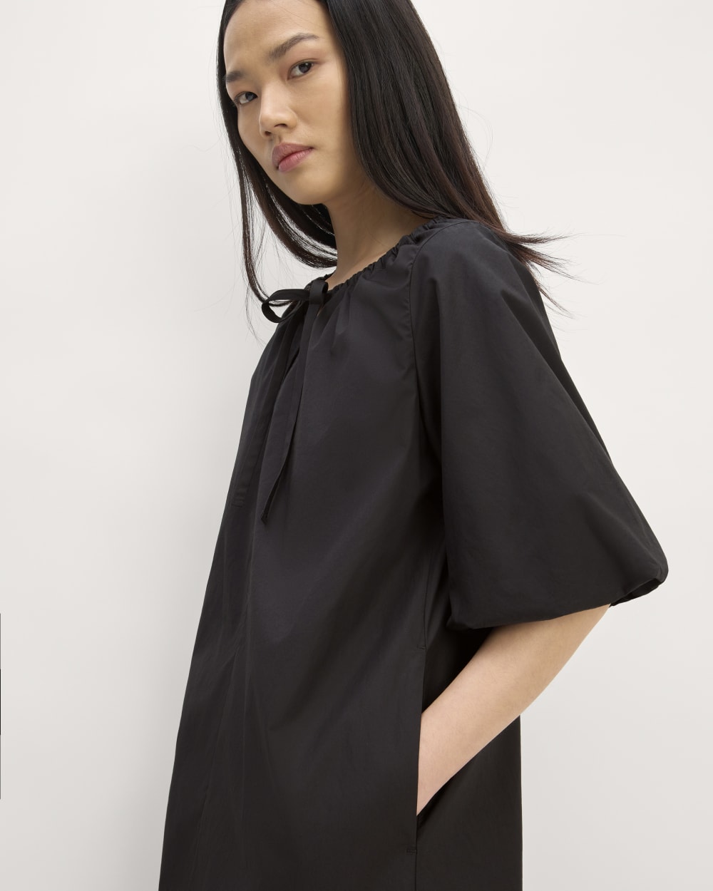 The Supima® Puff-Sleeve Dress in Black — detail view