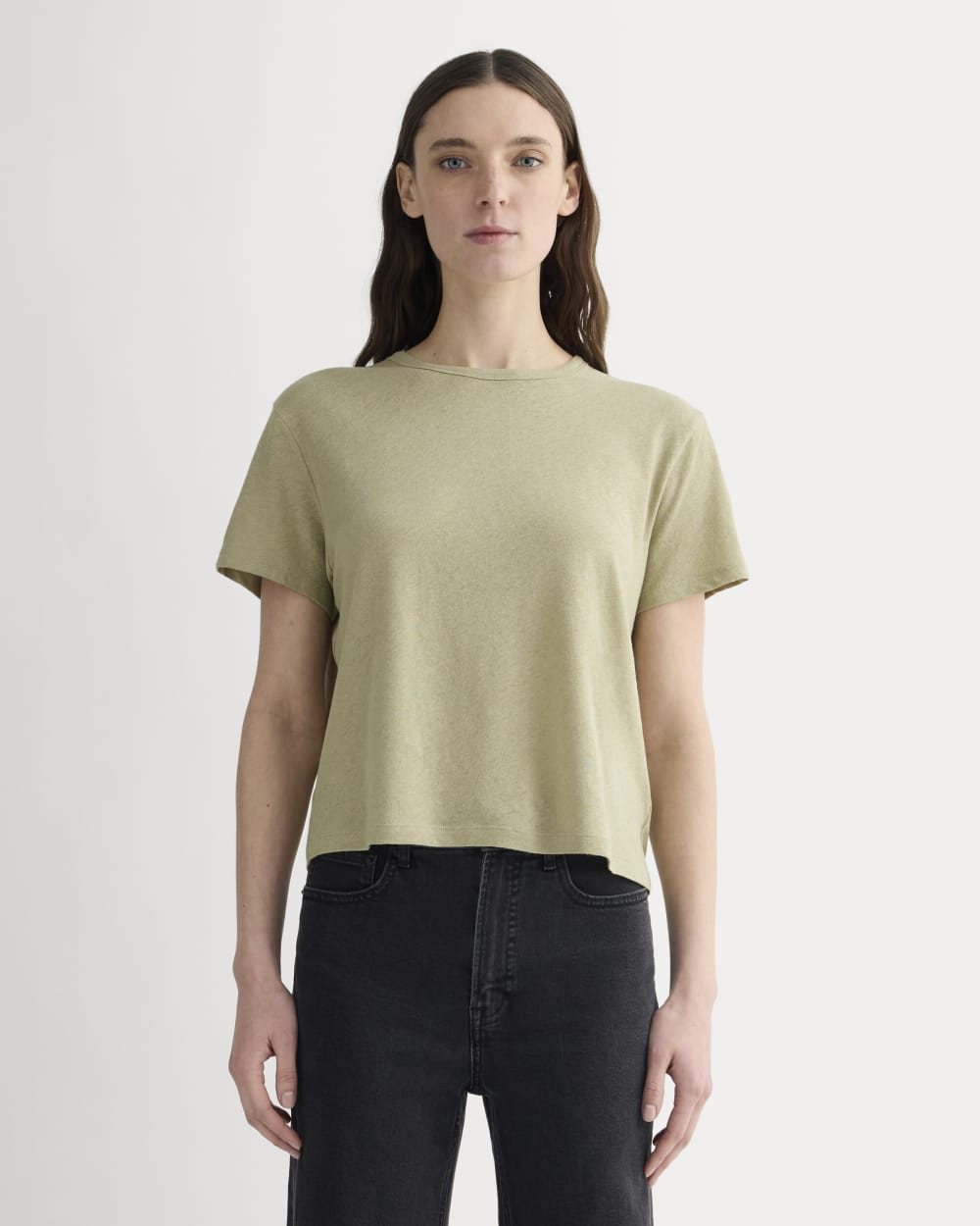 The Box-Cut Tee in Cotton Linen in Eucalyptus — front view