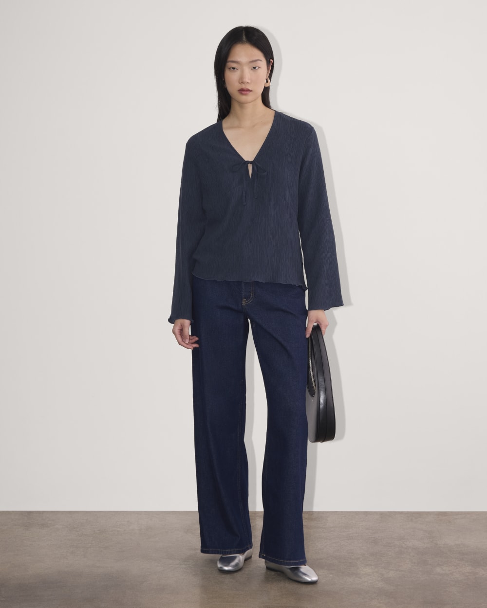 The Crinkle Long-Sleeve in Navy — detail view
