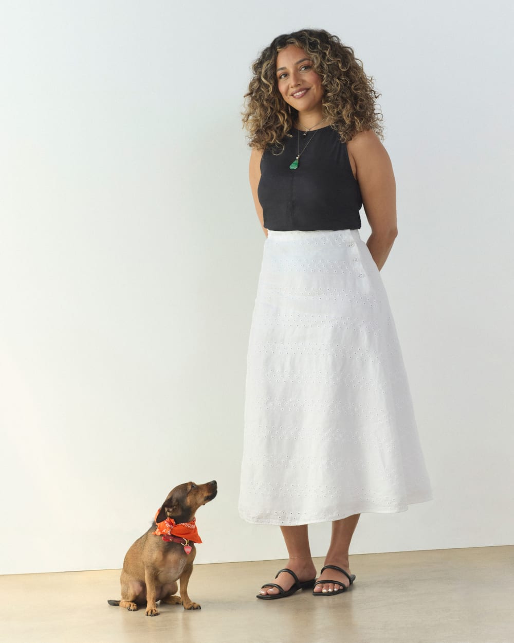The Linen Eyelet Midi Skirt in White Eyelet — detail view