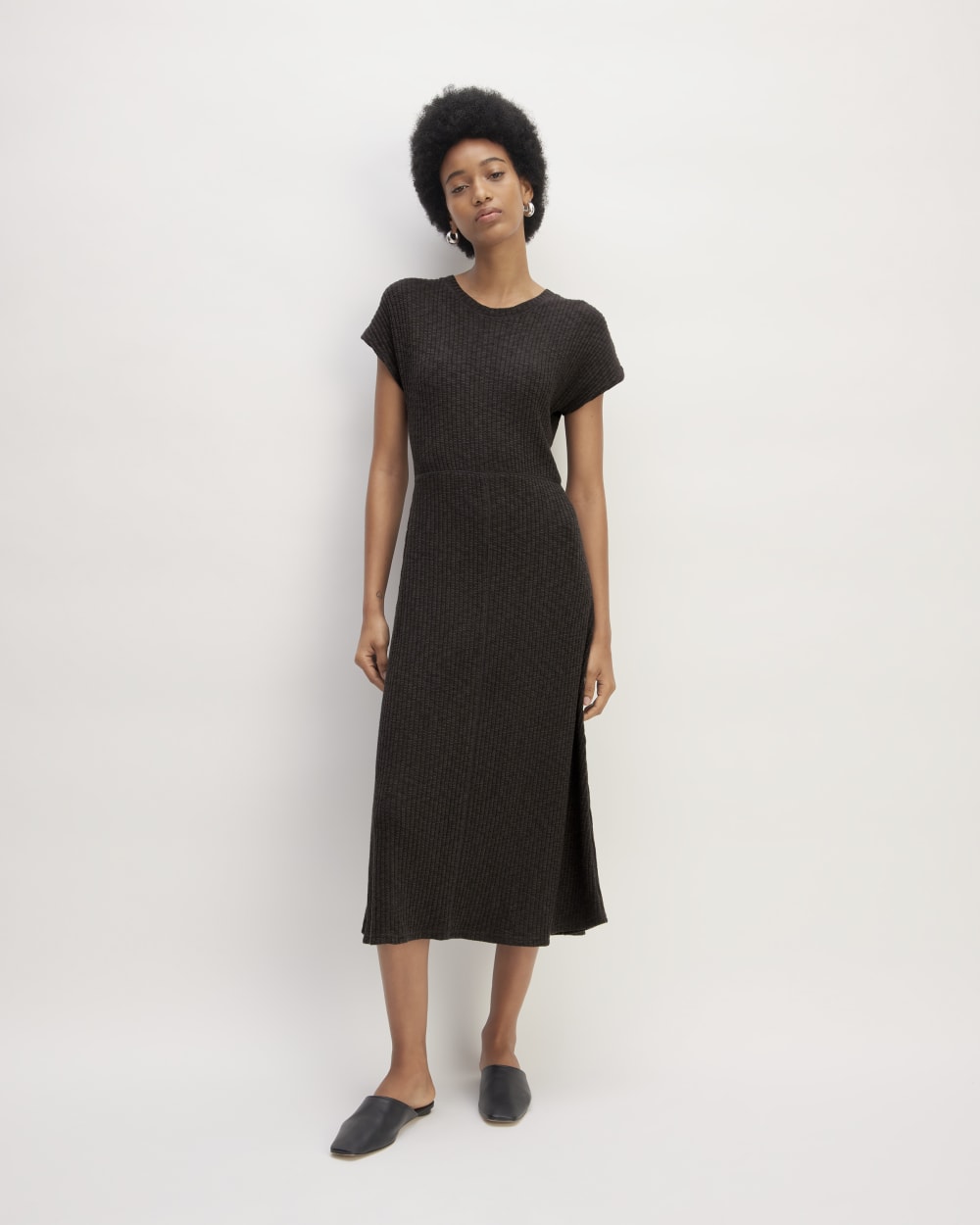 The Rib-Knit Cap-Sleeve Midi Dress in Black — front view