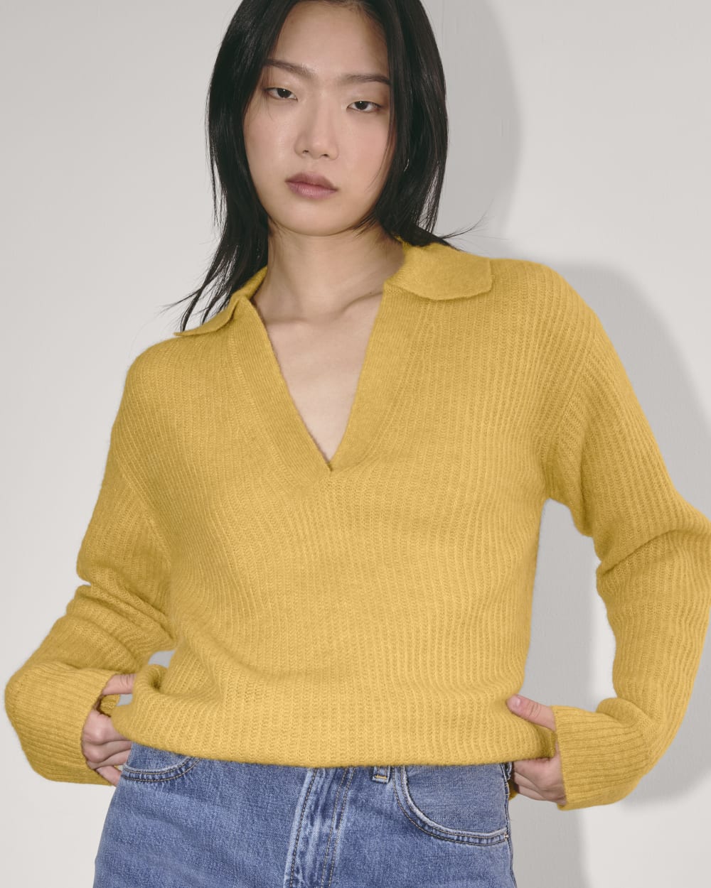 The Oversized Polo in Alpaca in Golden Yellow — detail view
