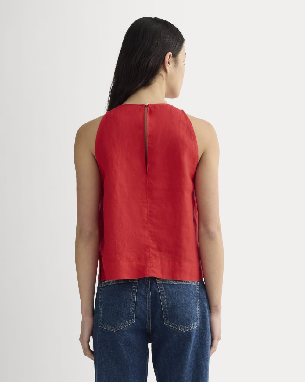 The Linen High-Neck Tank in Classic Red — detail view