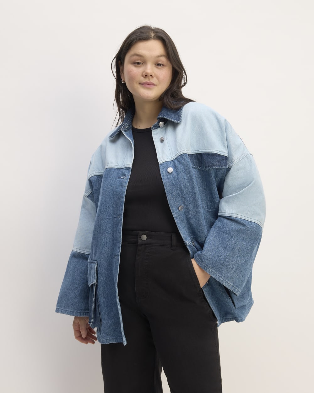 The Everlane x Marques' Almeida Denim Patchwork Jacket in Diamond Blue — front view