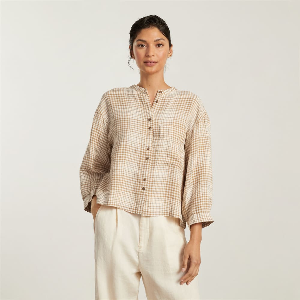 The Linen Billow Blouse in Iced Coffee Grid — alternate view