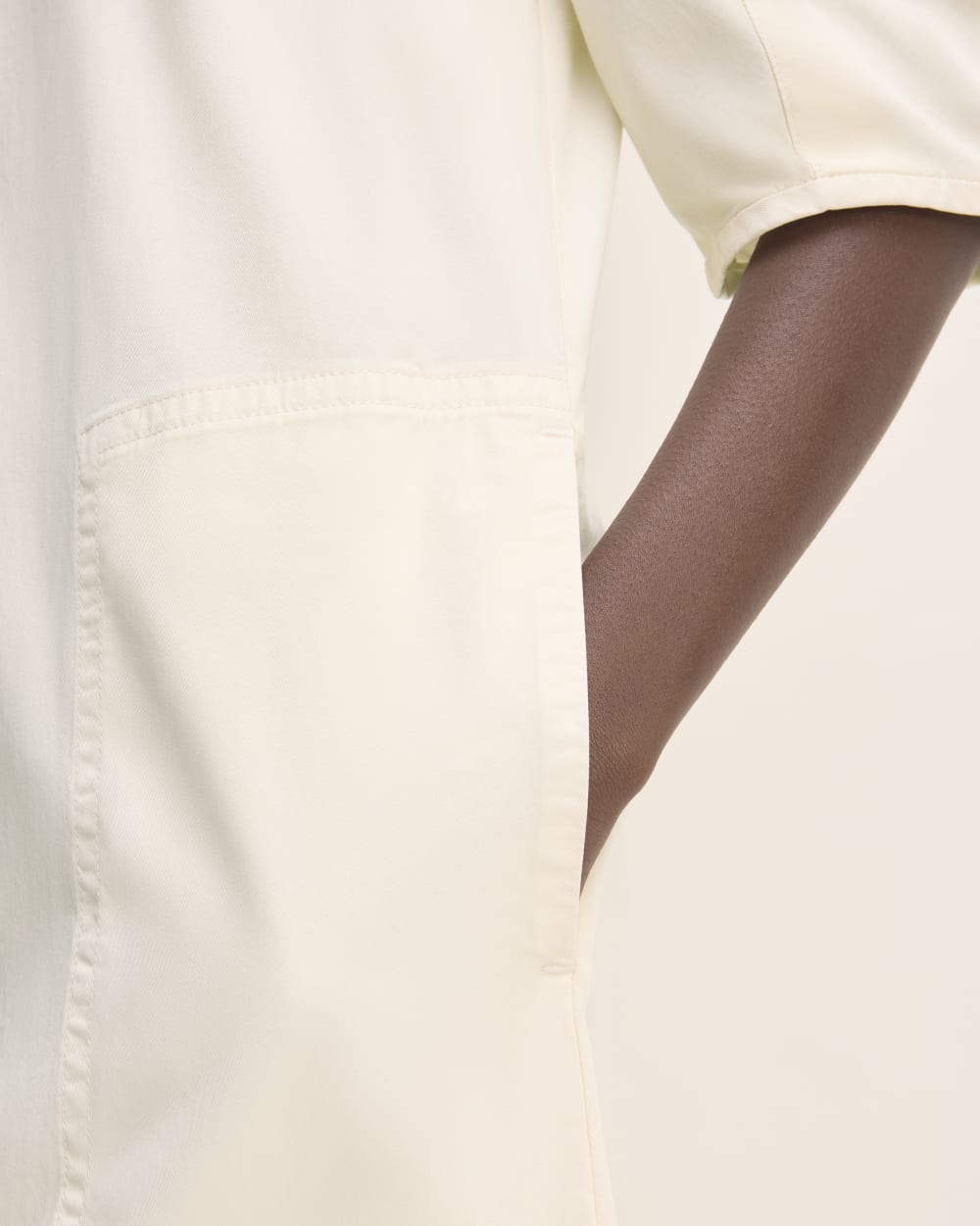 The Short-Sleeve Puff Midi Dress in Bone — detail view