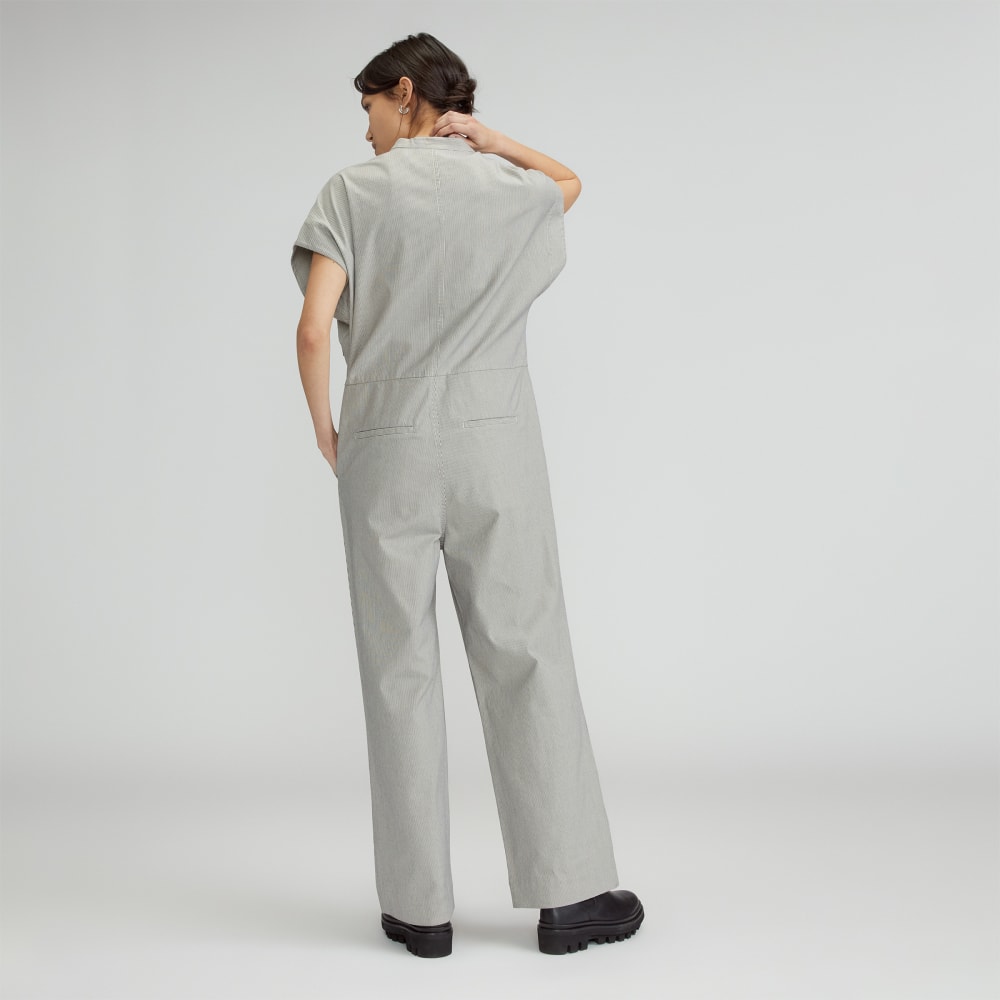 The Easy Workwear Jumpsuit in Canvas Tan / Navy — detail view