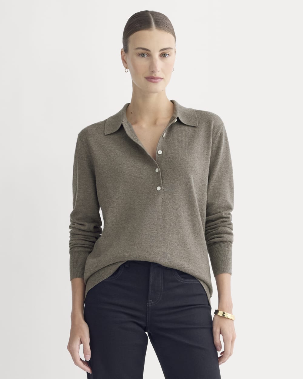 Oversized Polo Sweater in Cotton Merino in Heather Ash Taupe — front view