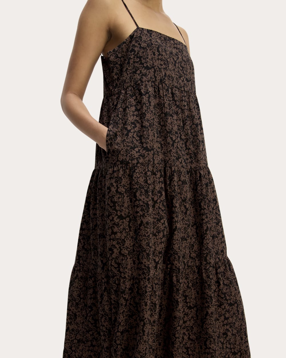 The Gauze Tiered Dress in Black / Cocoa Small Floral — detail view