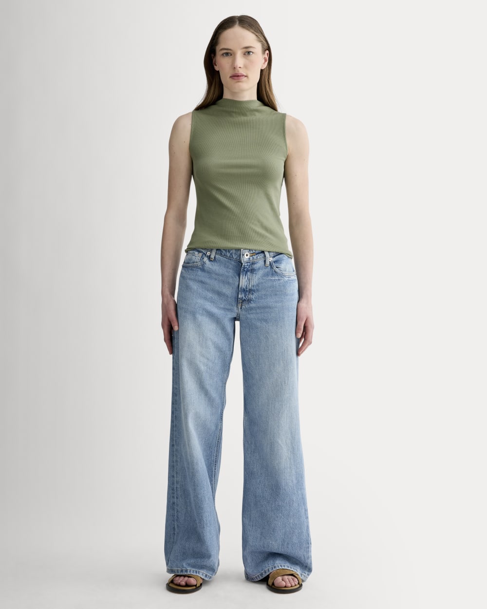 The Luxe Rib Funnel-Neck Tank in Sagebrush — detail view