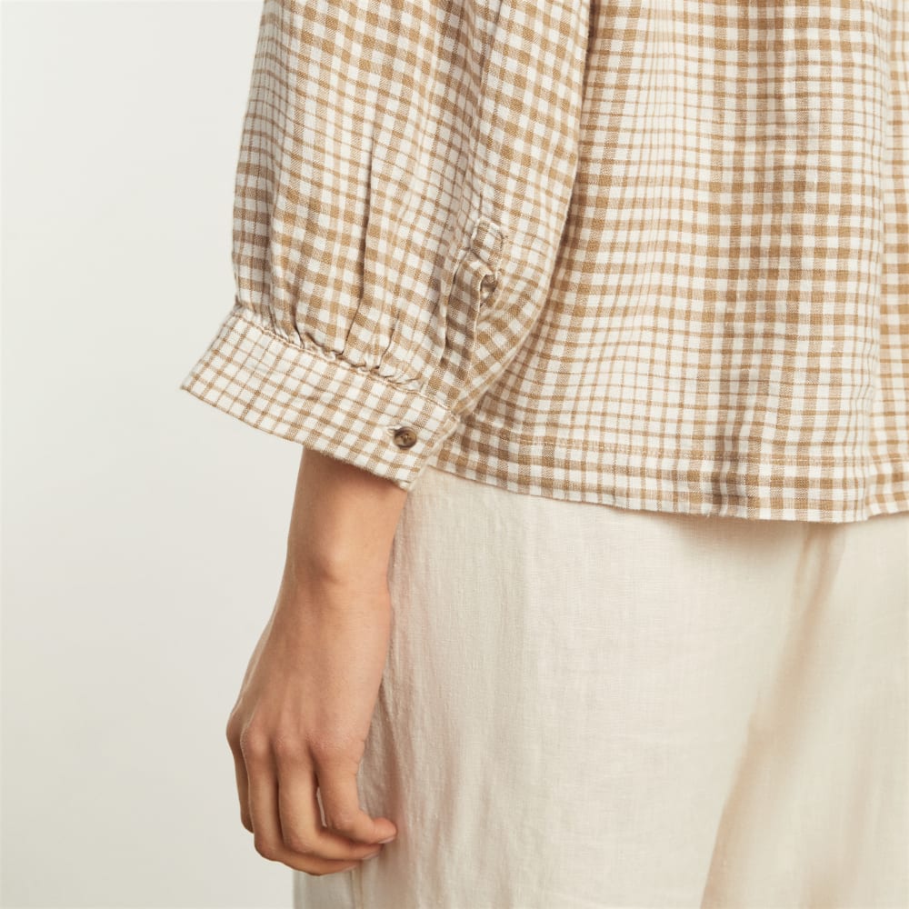 The Linen Billow Blouse in Iced Coffee Grid — detail view