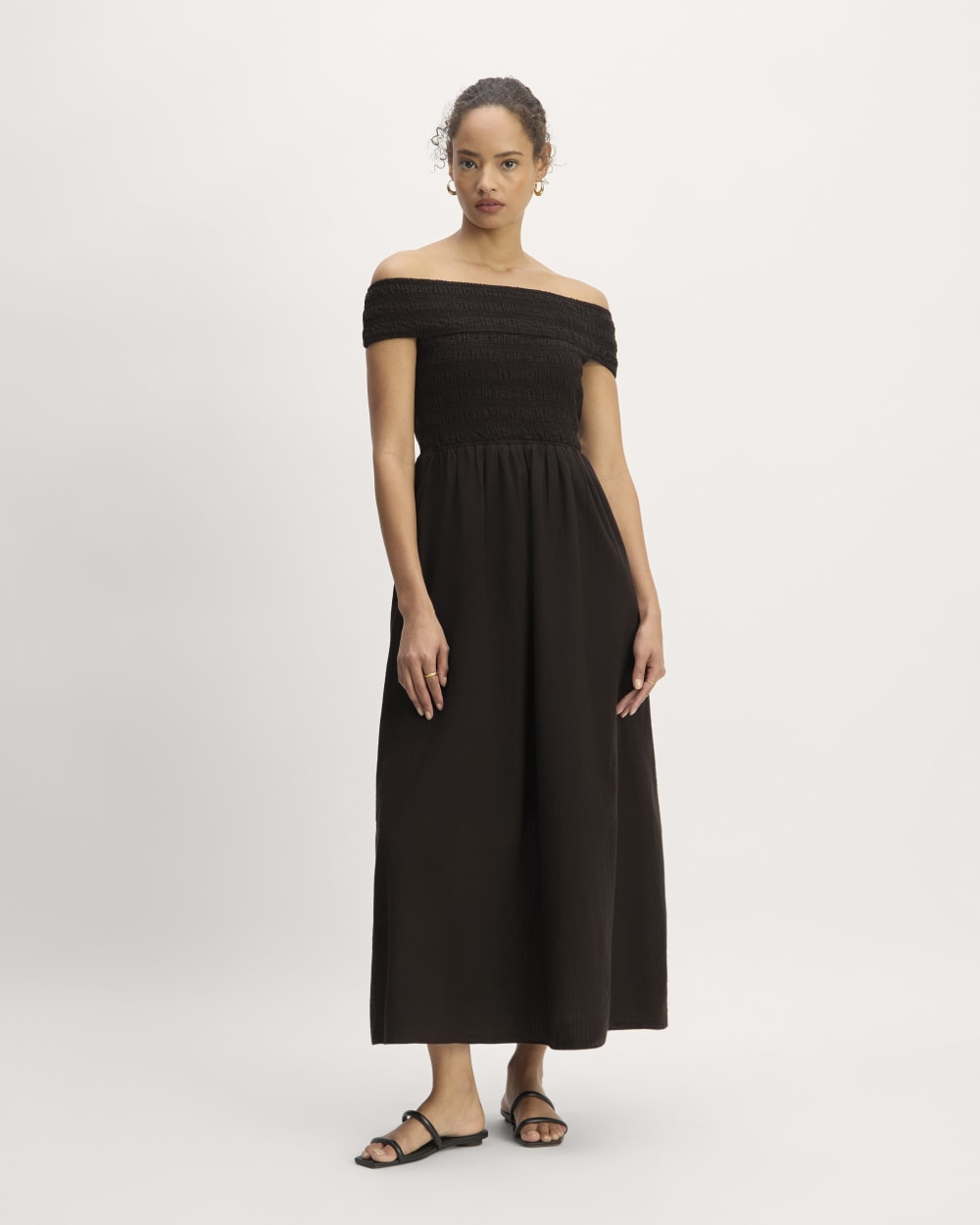 The Gauze Off-the-Shoulder Dress in Black — front view