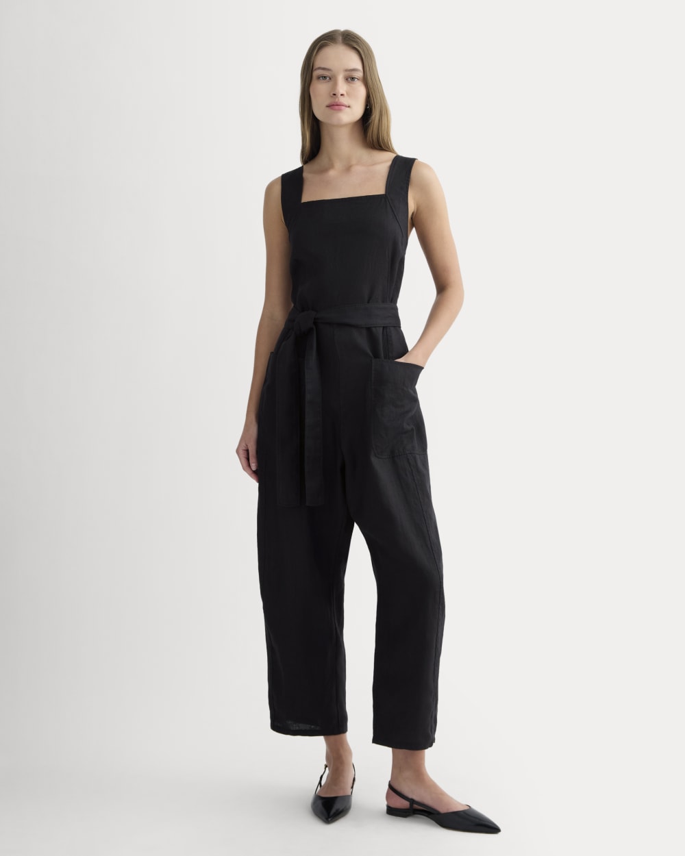 The Utility Coverall in Linen in Black — front view