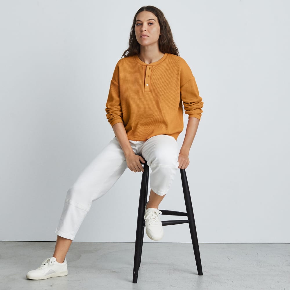 The Organic Cotton Waffle Henley in Burnt Orange — detail view