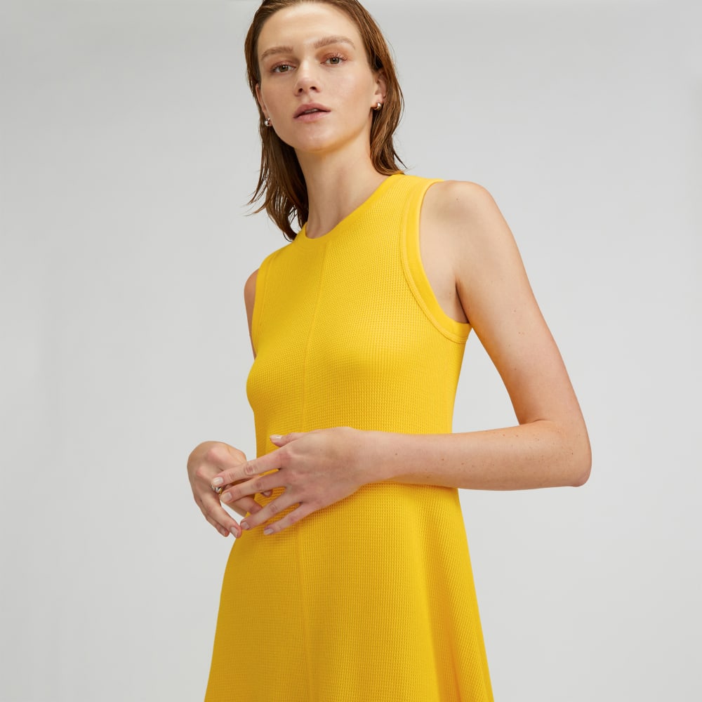 The Organic Cotton Waffle Tank Dress in High Visibility Yellow — detail view