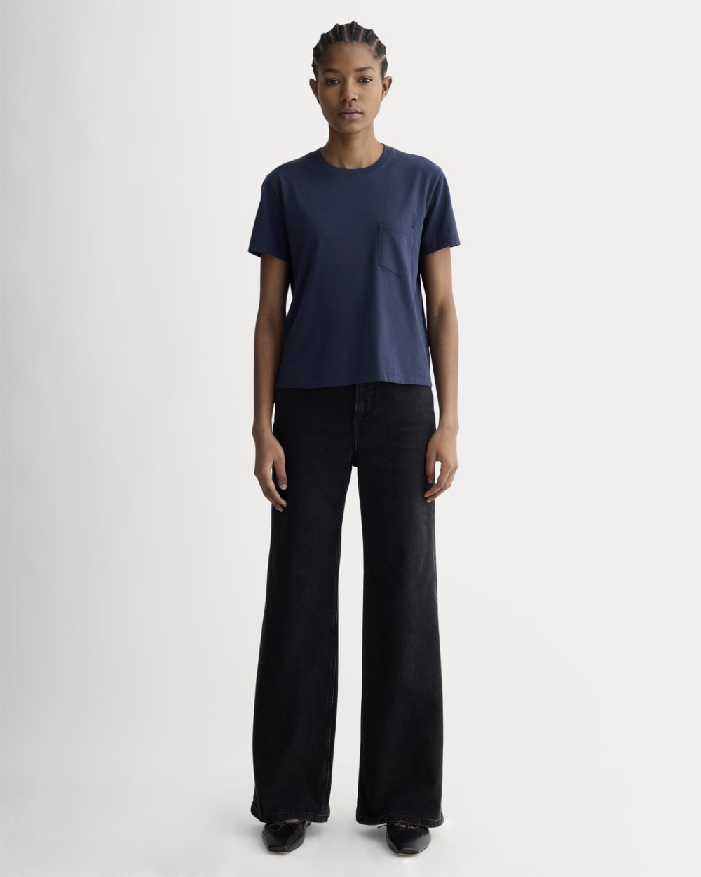 The Box-Cut Tee in Essential Cotton in Navy — detail view
