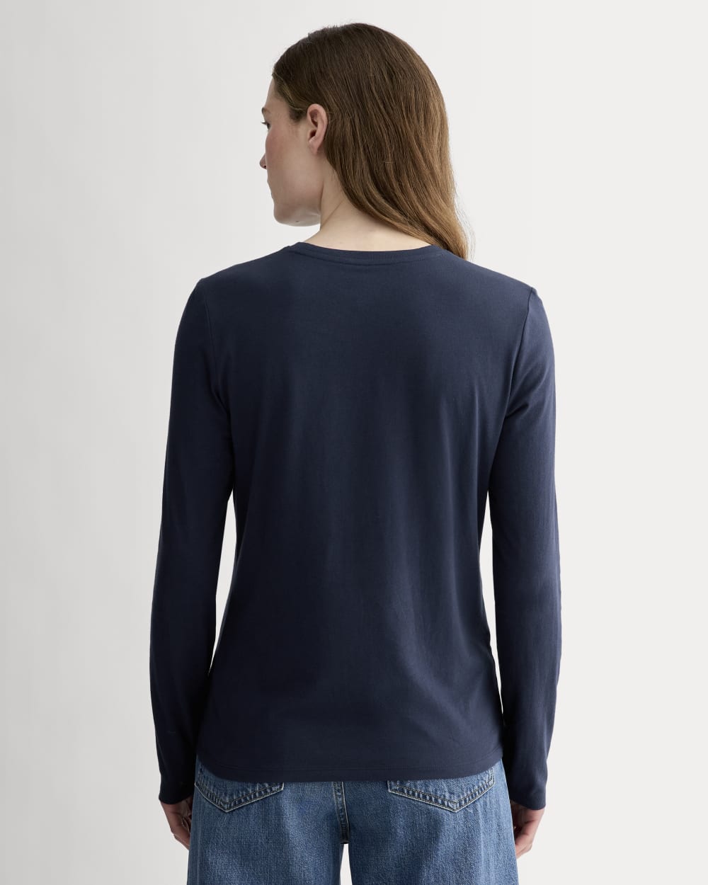 The Slim Long-Sleeve Crew in Essential Cotton in Navy — detail view