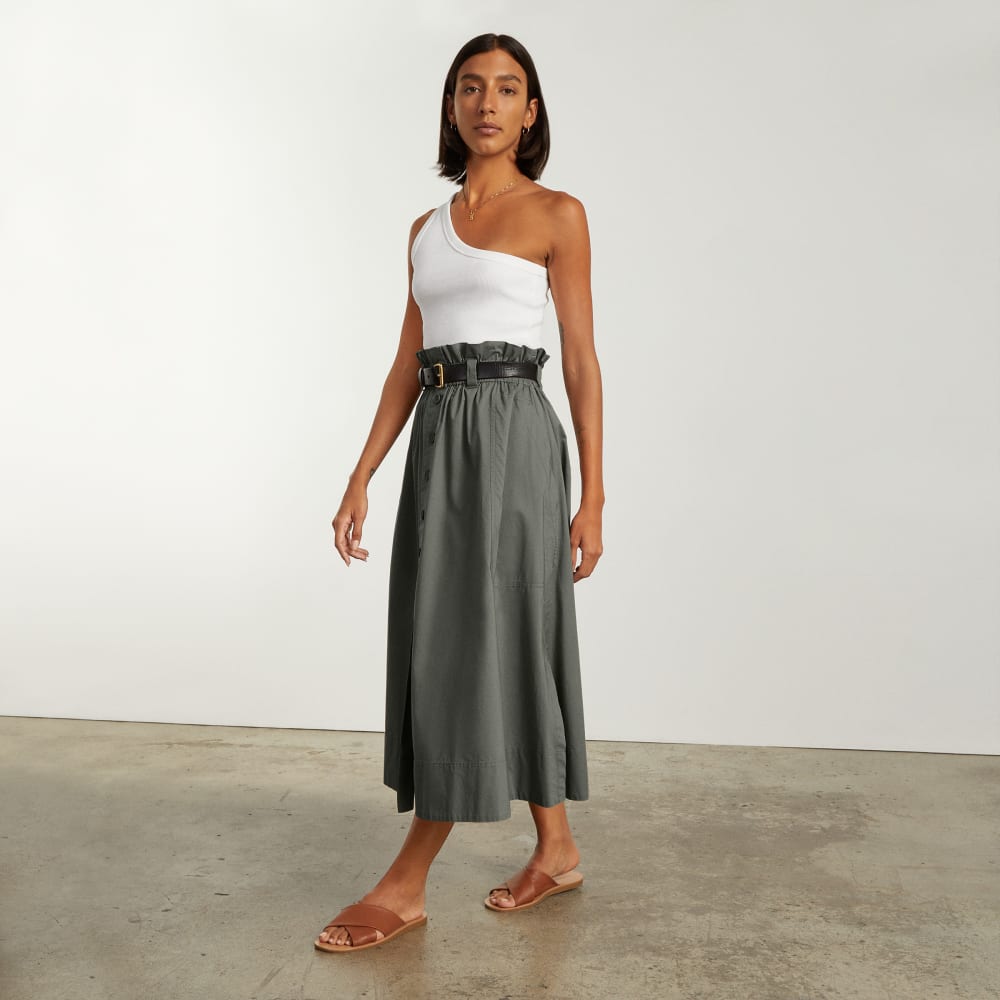 The Easy Button-Front Skirt in Pewter Green — detail view