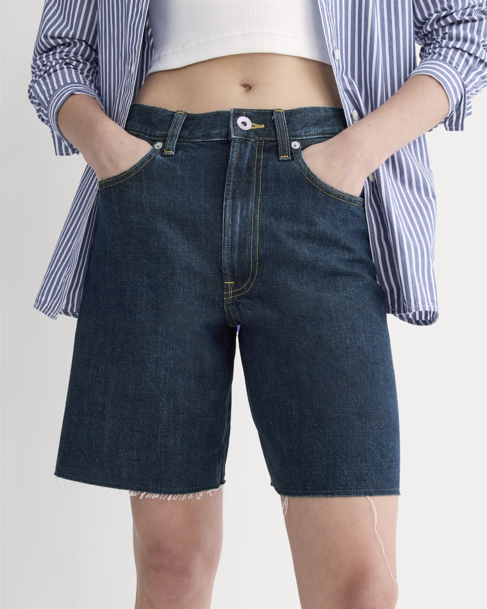 The OG Baggy Jean Short in Dark Indigo — detail view