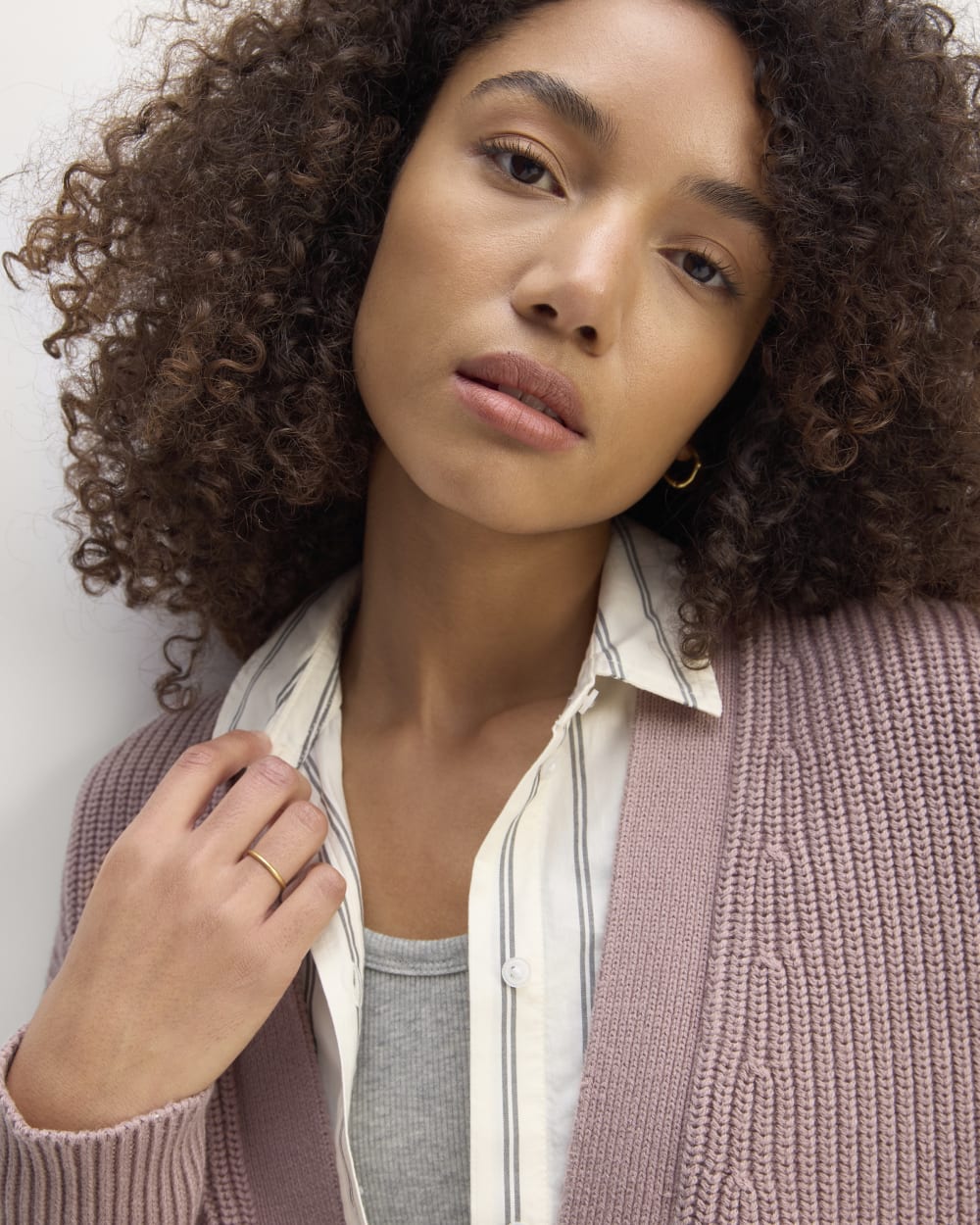 The Boxy Cardigan in Everyday Cotton in Dusty Rose — detail view