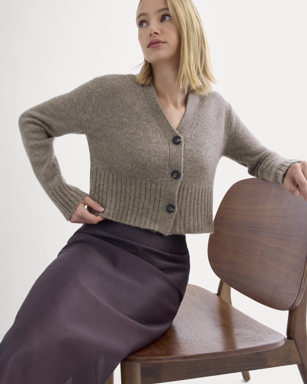 High V Cropped Cardigan in Alpaca in Taupe Melange — front view