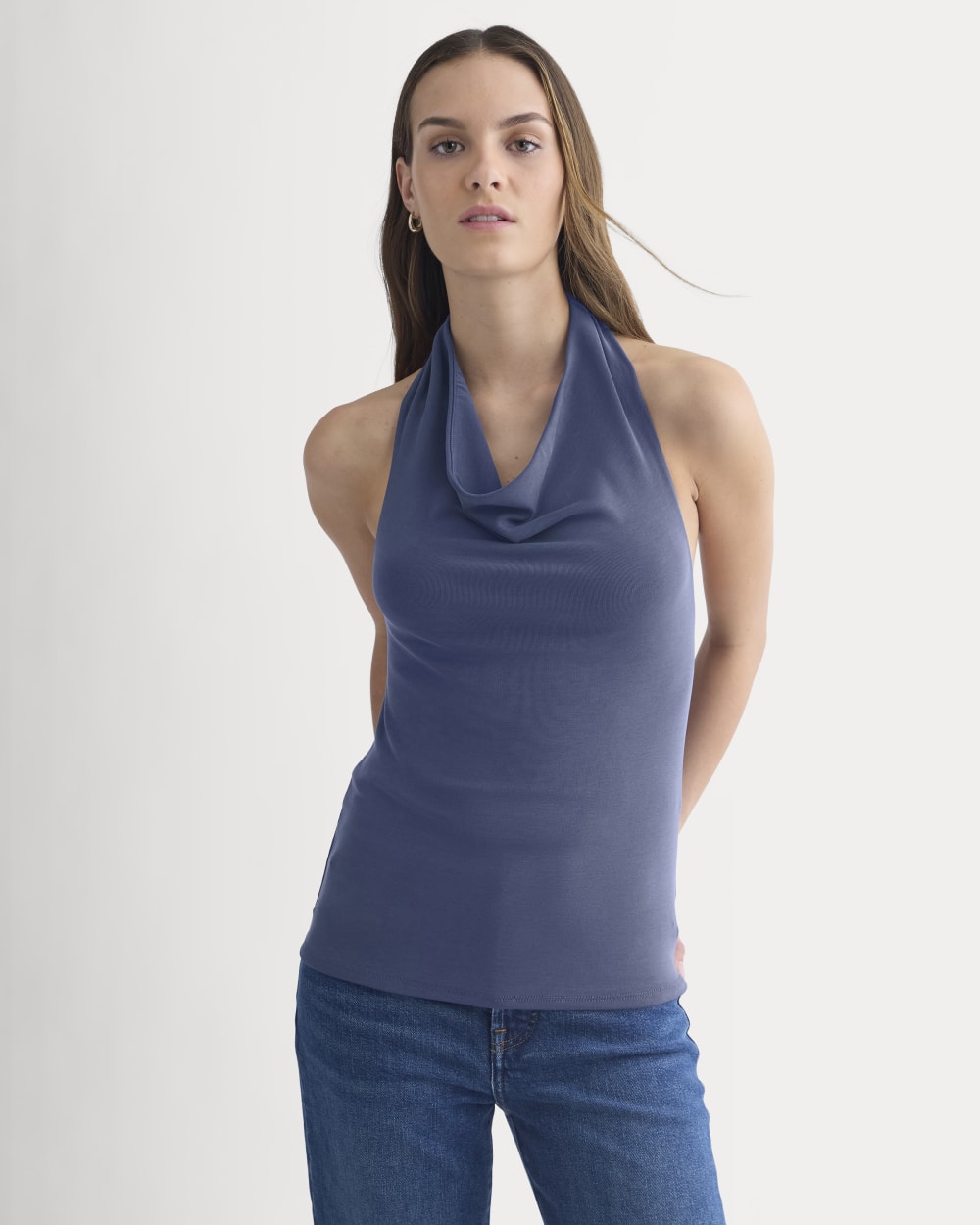 Halter Cowlneck Top in Butterknit in Washed Navy — front view
