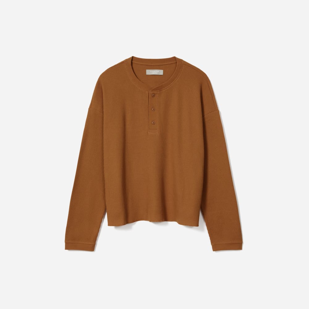 The Organic Cotton Waffle Henley in Toasted Almond — front view