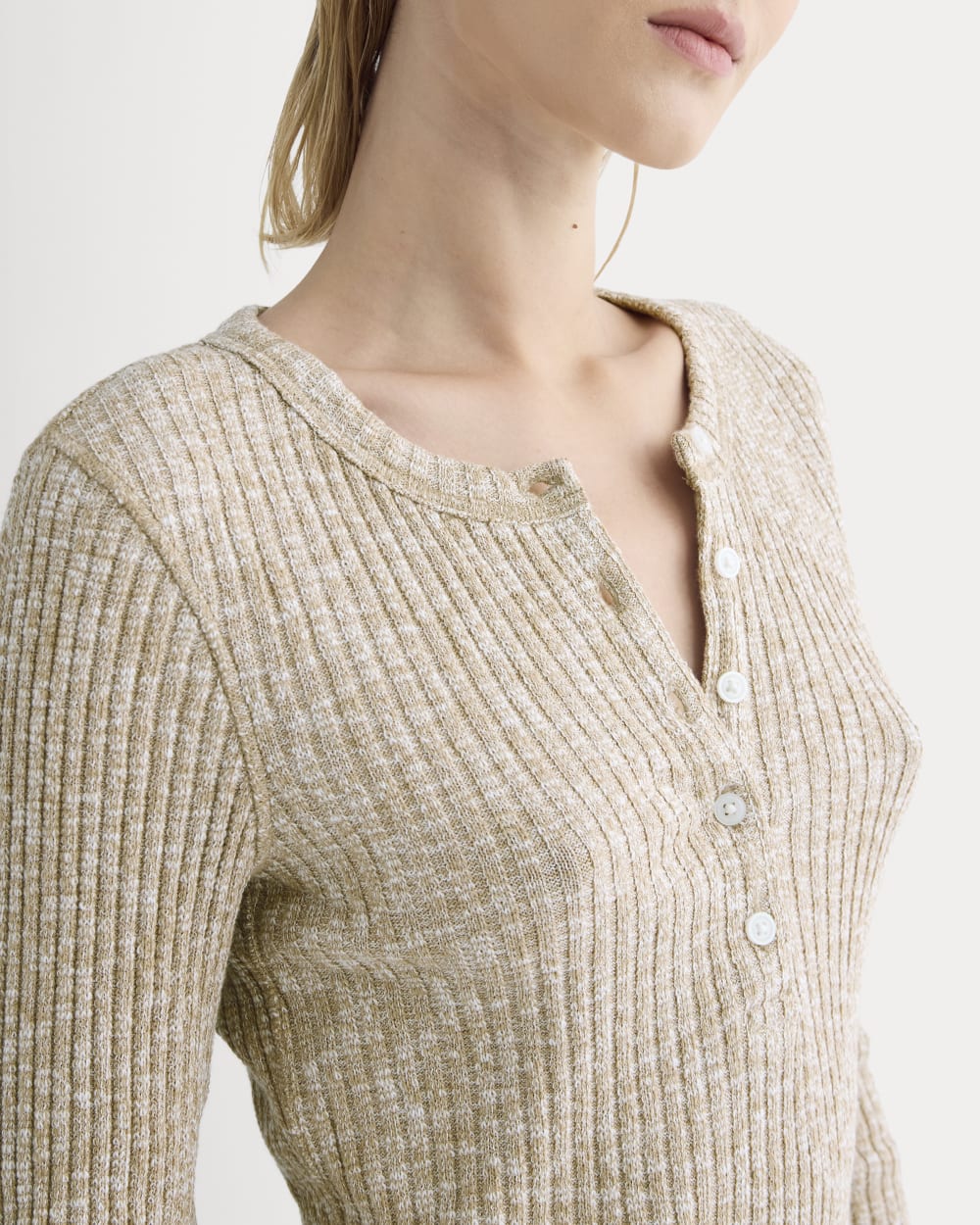 The Cozy Rib Henley in Cornstalk / Bone Twist — detail view