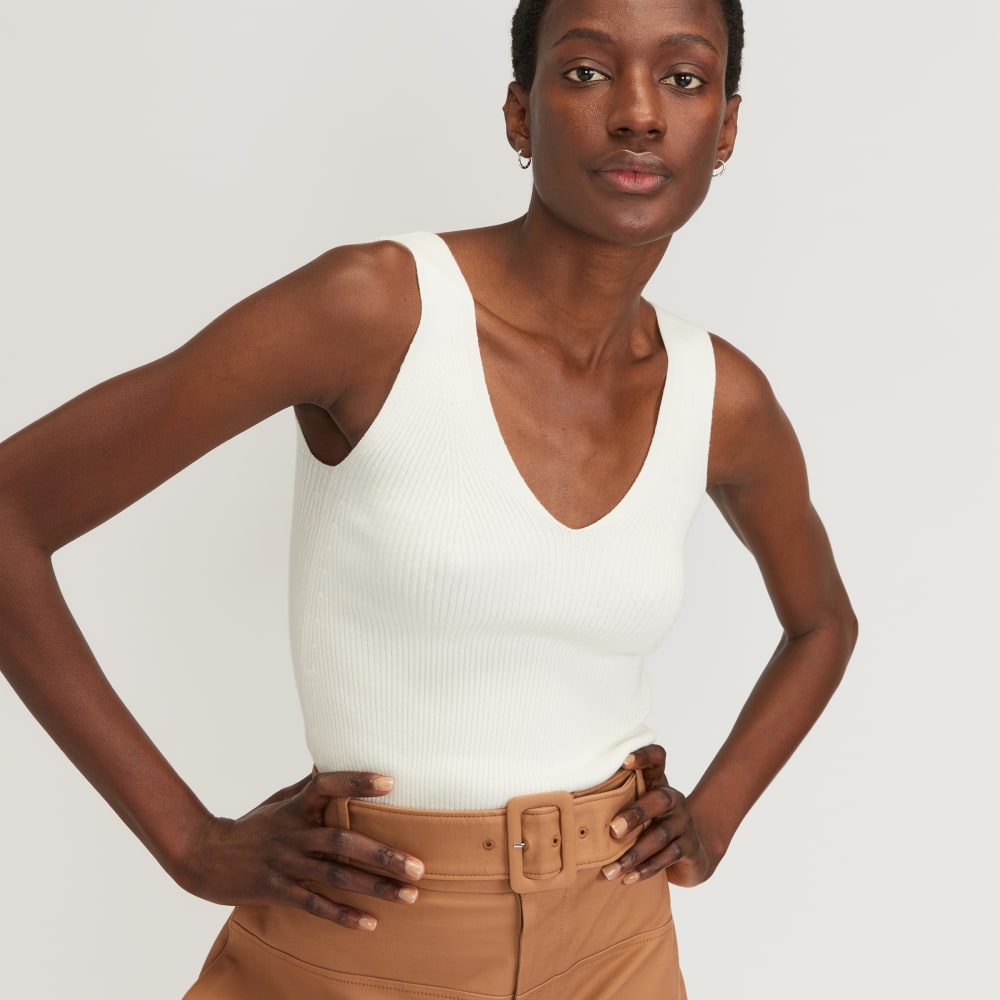 The Ribbed Cotton Double V Top in Bone — detail view