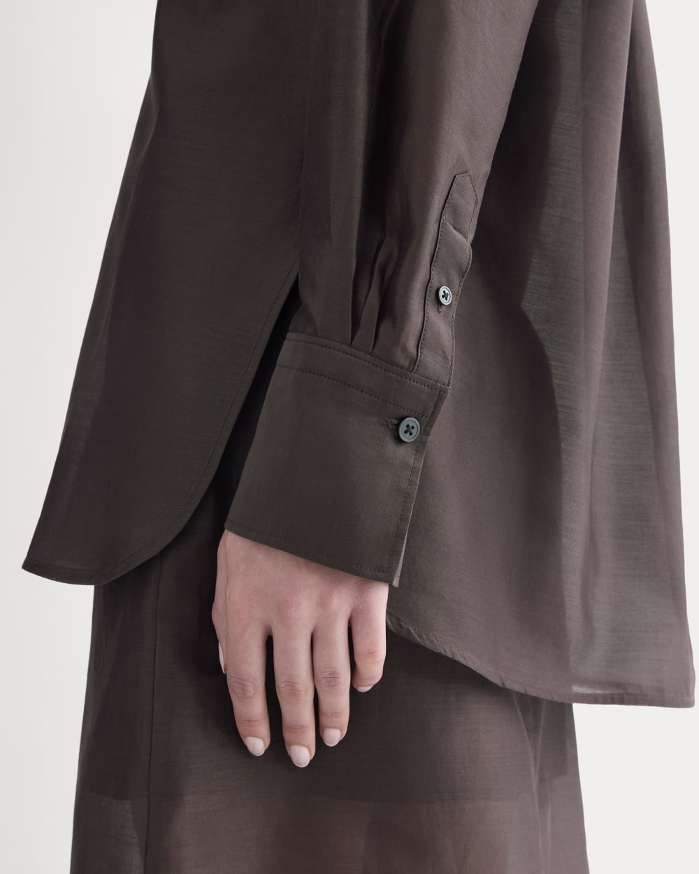 Oversized Shirt in Cotton-Silk Organza in Dark Chocolate — detail view