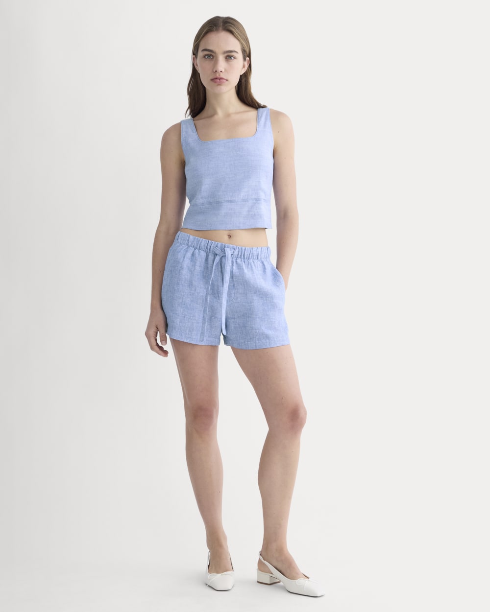 The Drawstring Boxer Short in Linen in Chambray — front view