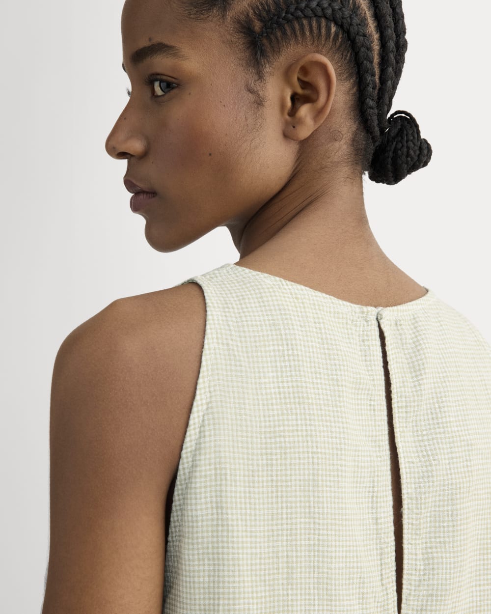 The Linen High-Neck Tank in Elm Gingham — detail view