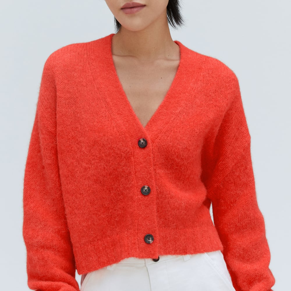 The Alpaca V-Neck Cropped Cardigan in Red Orange — detail view