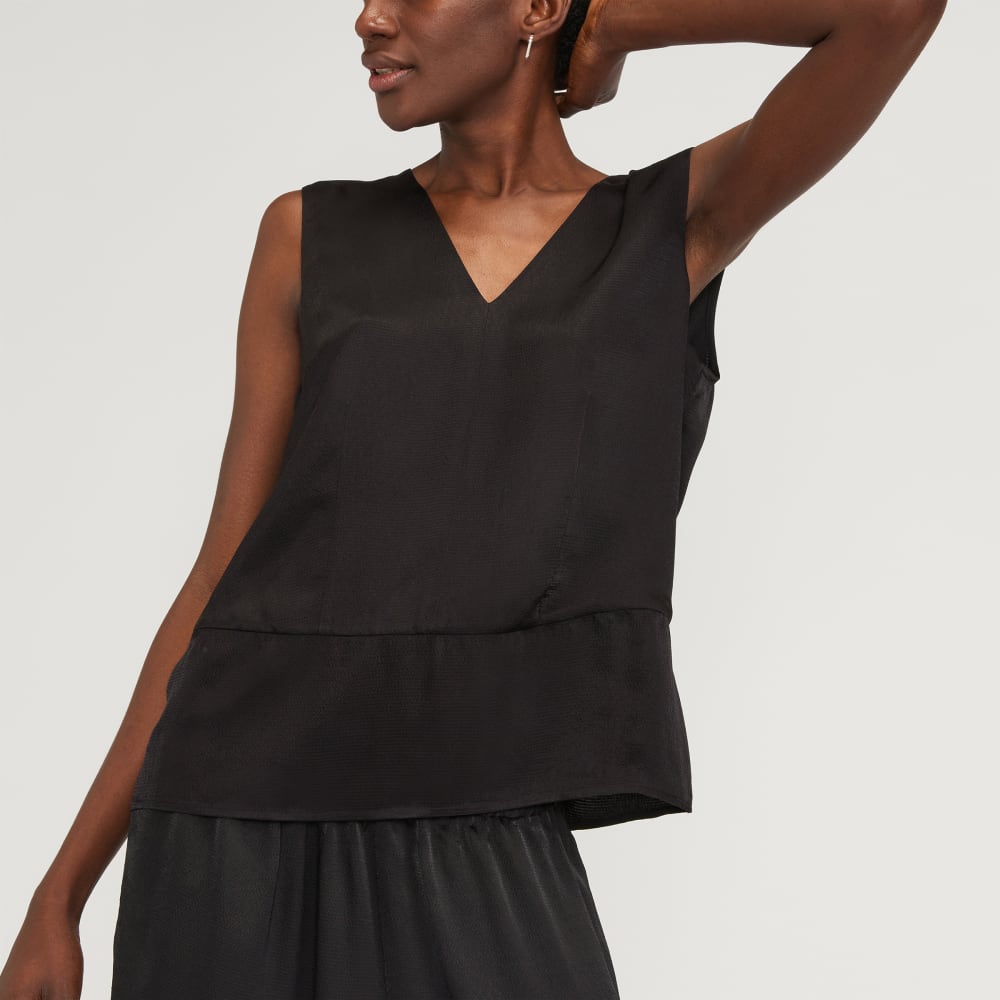 The Satin V-Neck Top in Black — detail view