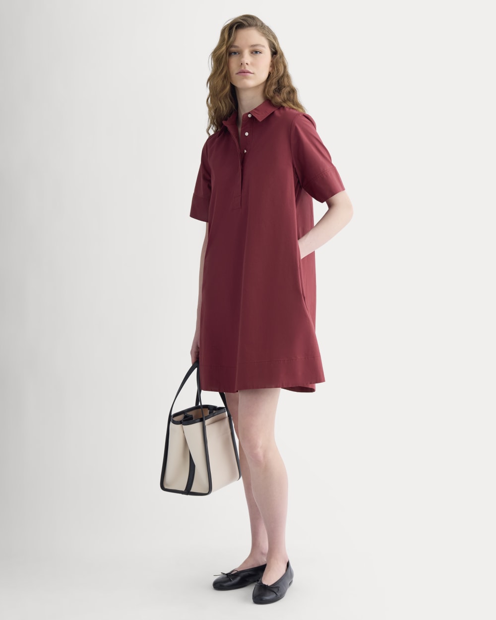 Popover Mini Shirtrdress in Ultrasoft Cotton in Pomegranate — front view