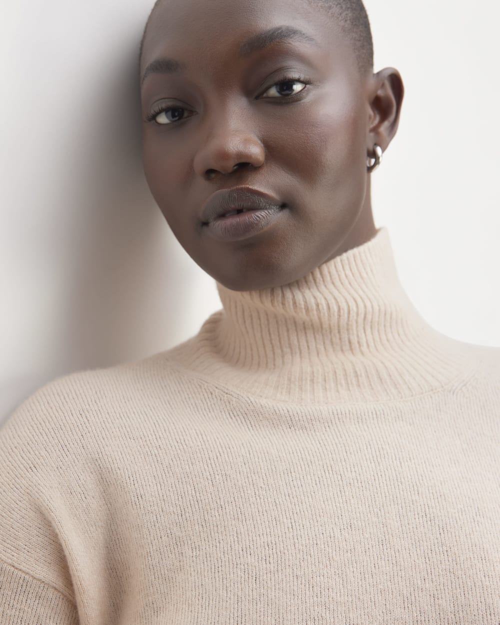 The Cozy Stretch Turtleneck Dress in Whisper Pink — detail view