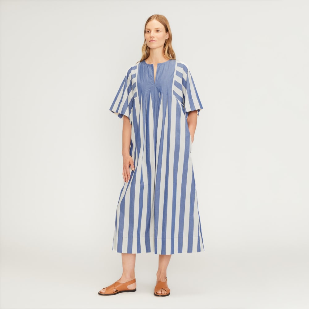 The Poplin Caftan Dress in Mazarine Blue / Bone — front view
