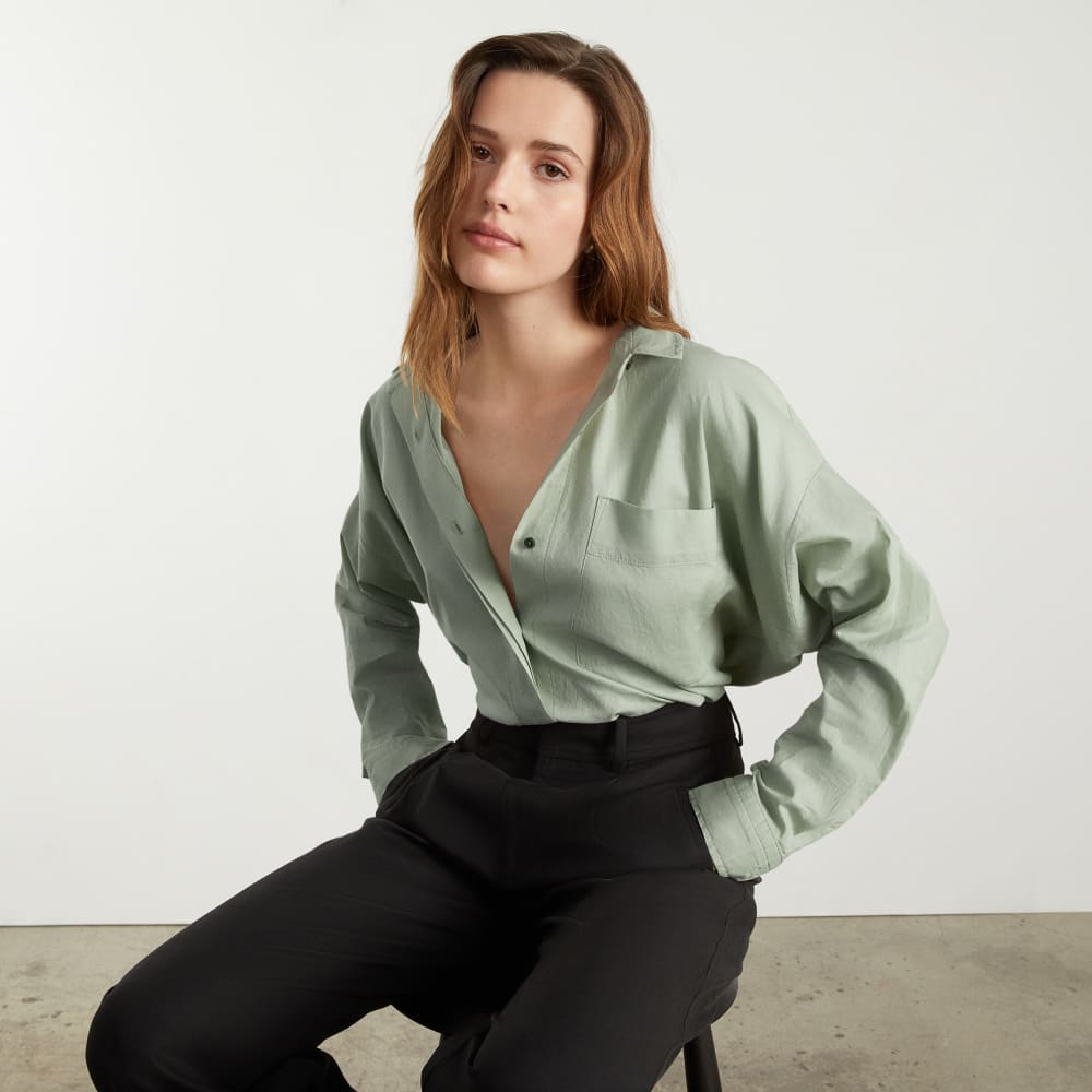 The Oversized Silky Cotton Shirt in Laurel — detail view