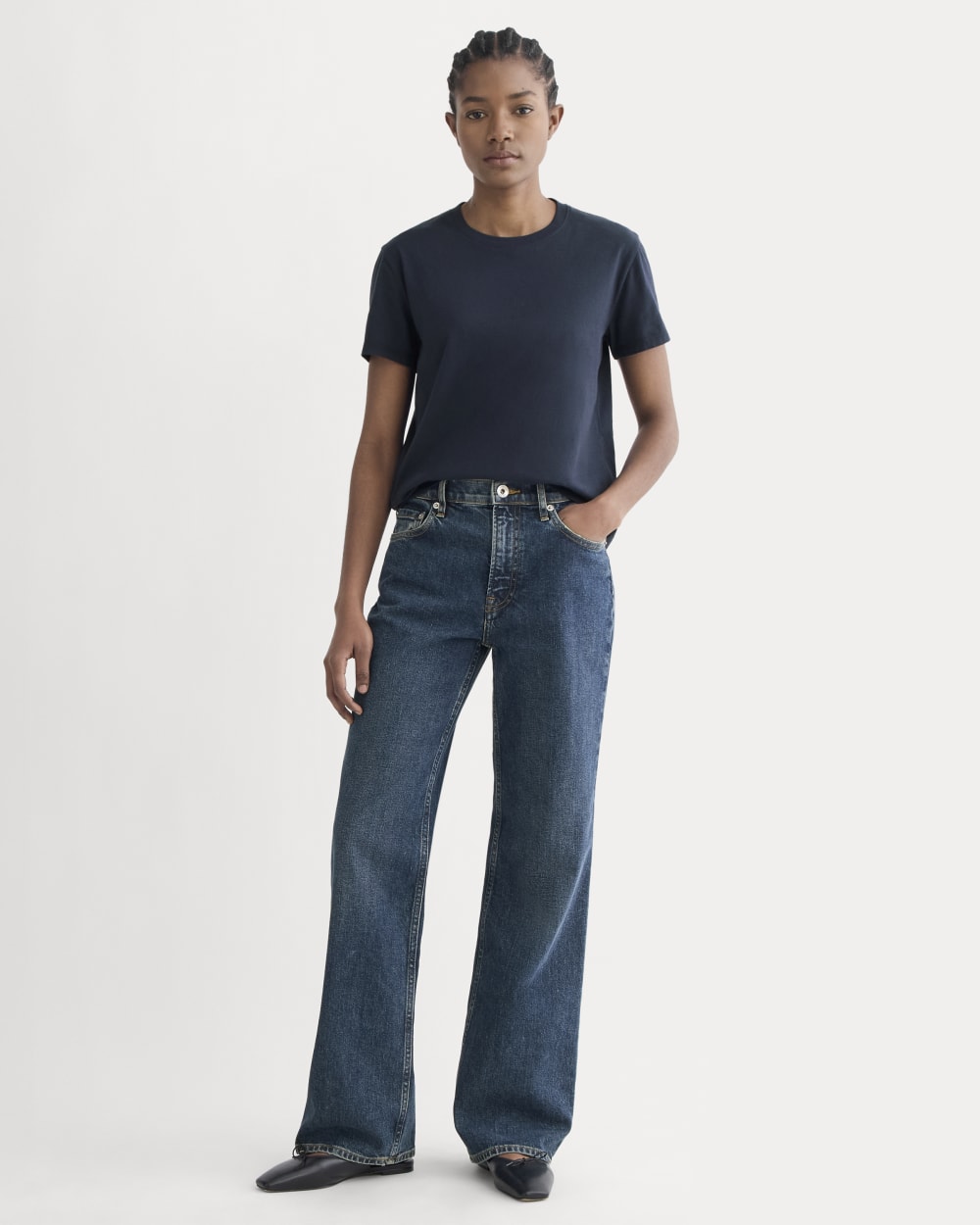 The Box-Cut Tee in Essential Cotton in Navy — detail view