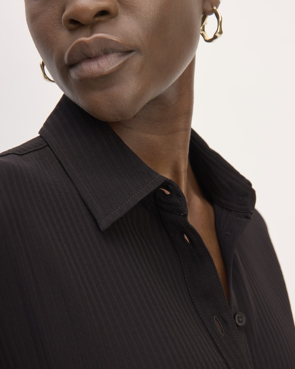 The Mini Jacquard Stripe Shirt Dress in Black — detail view