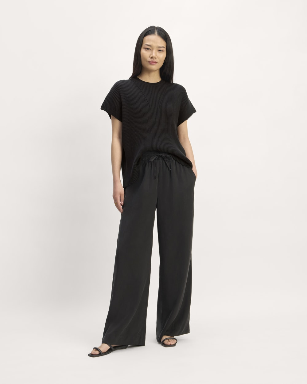 The Cotton Knit Caftan Top in Black — detail view