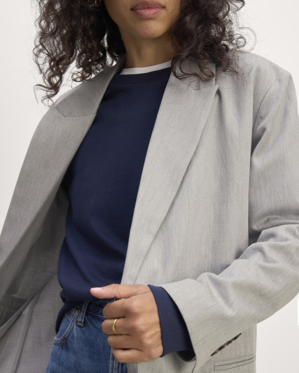 The Double-Breasted Blazer in Buttersmooth in Heather Steel — detail view