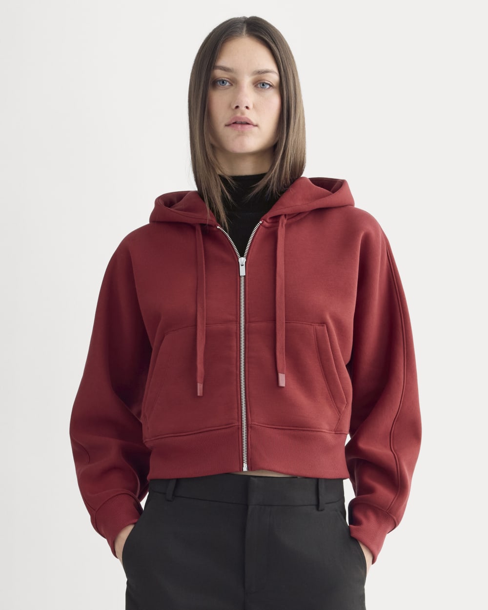 Luxe Fleece Full-Zip Cropped Hoodie in Merlot — front view