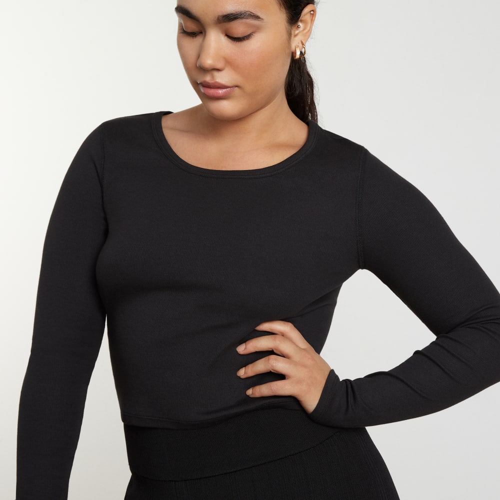 The Pima Micro-Rib Cropped Long-Sleeve Crew in Black — detail view