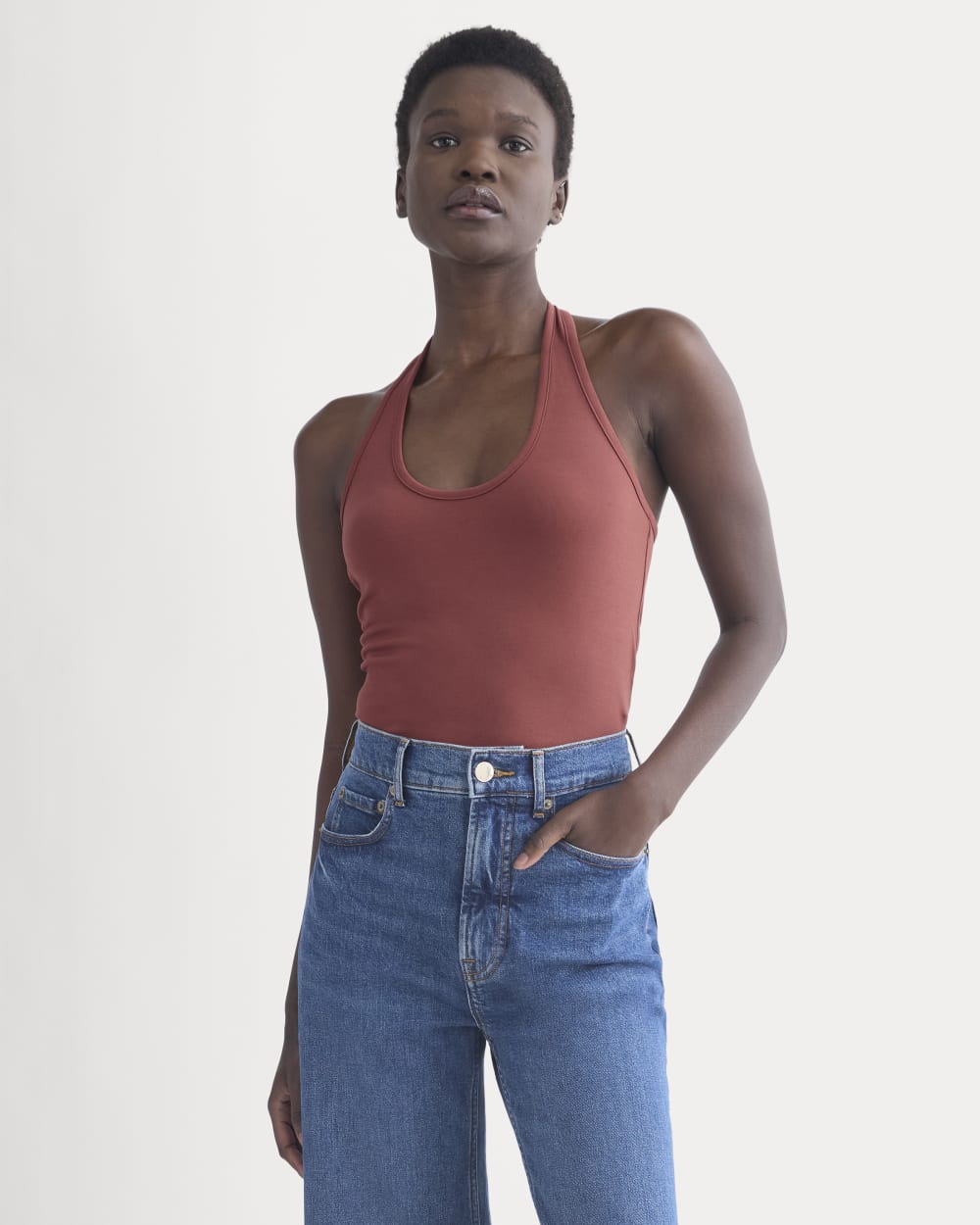Halter Tank in Henna Red — front view